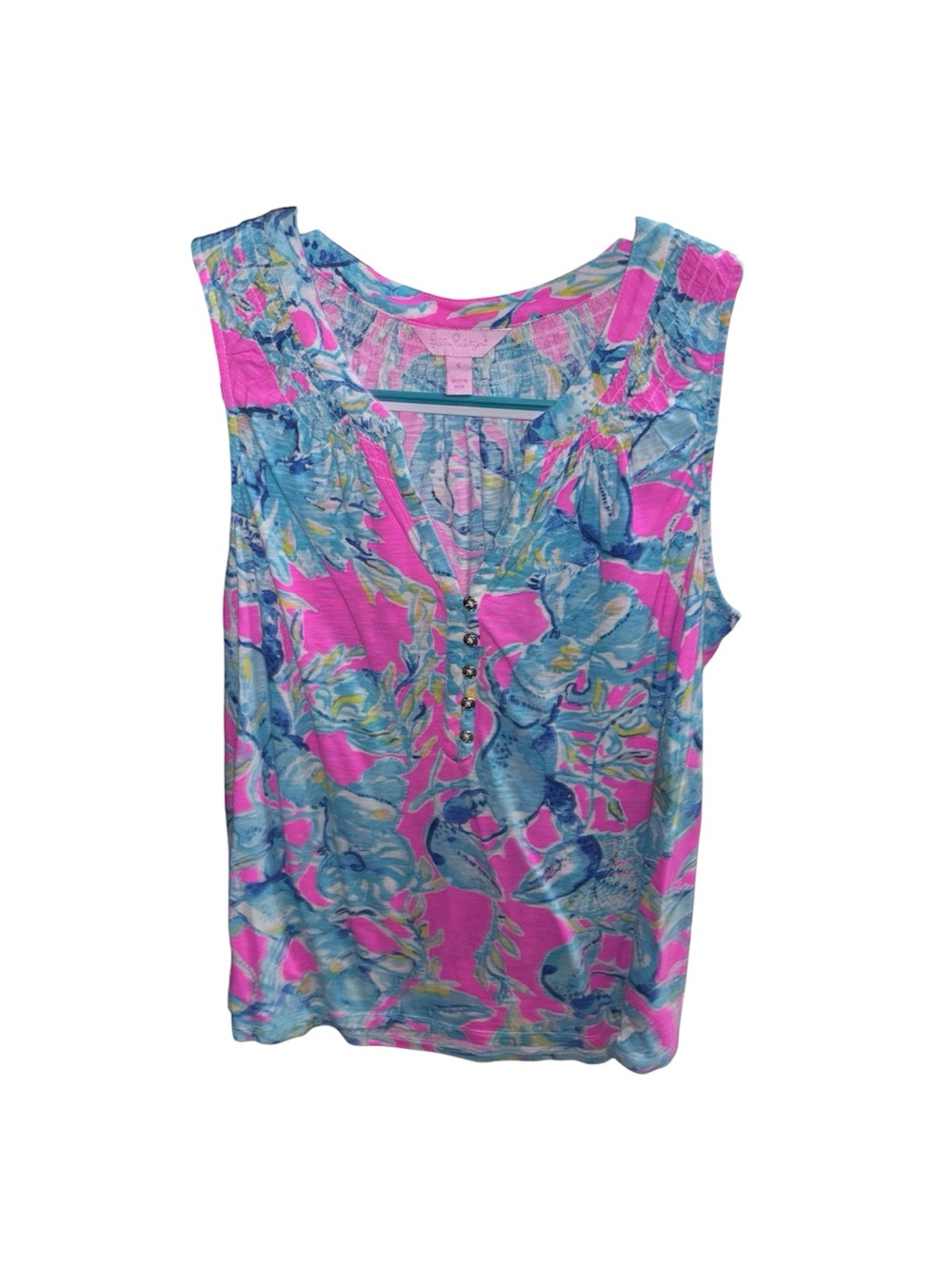 Lilly Pulitzer Pink & Blue Sleeveless Floral Henley Top